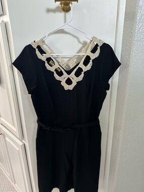Libertine Black Midi Dress with Cream Lace Neckline